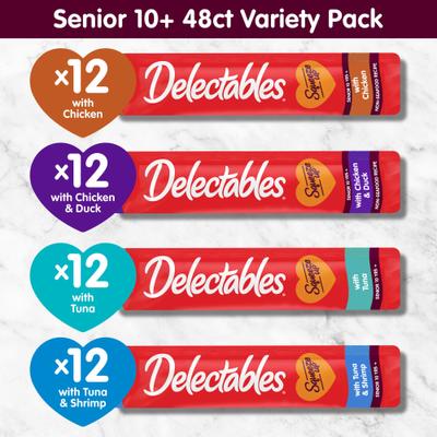 Show full view: Hartz Delectables Squeeze Up Senior 10+ Variety Pack Lickable Cat Treats, 0.5-oz tube, 48 count slide 7 of 11