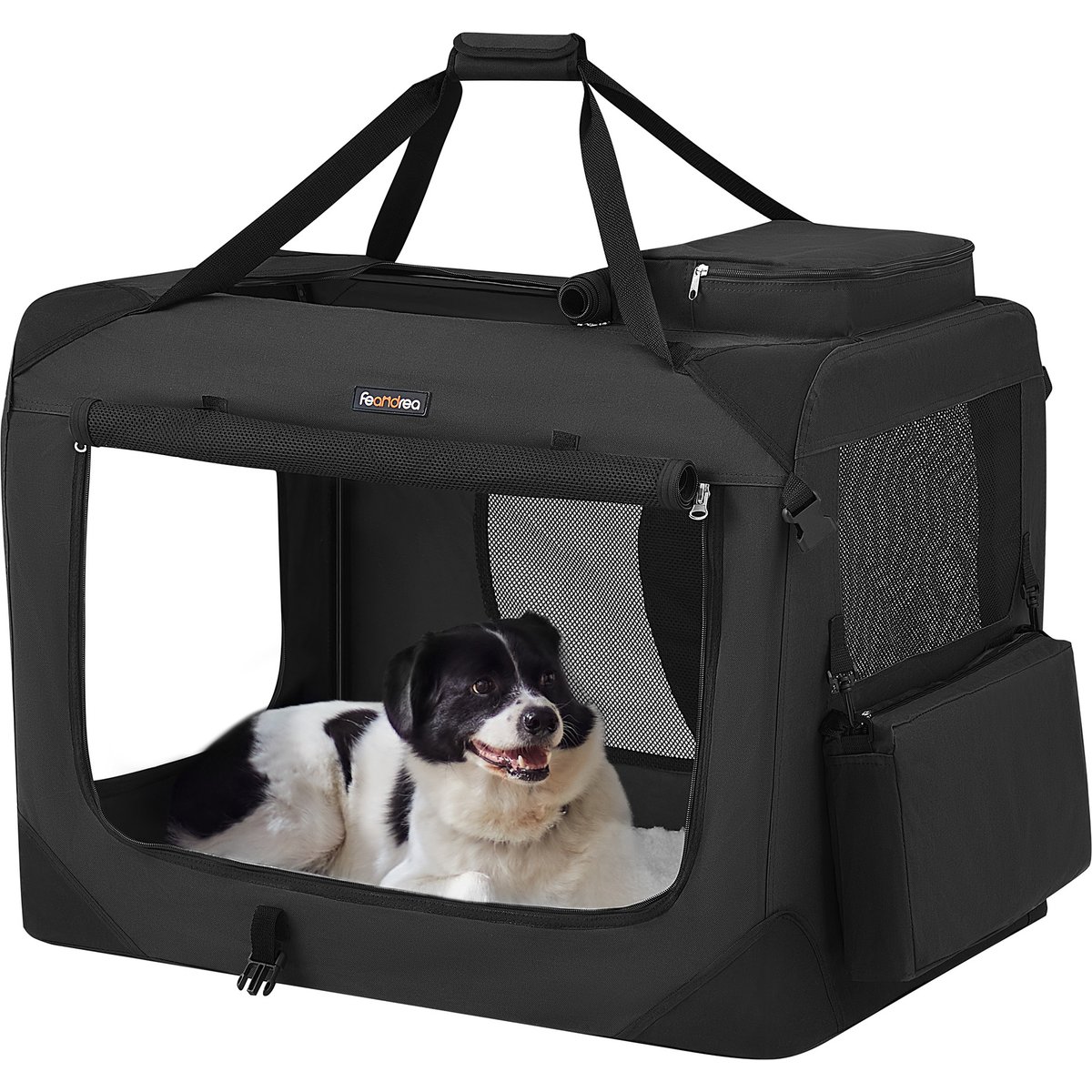 FEANDREA Collapsible 3-Door Soft-Sided Dog Crate, Black, 32 inch