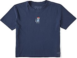LIFE IS GOOD Women's Le Meow Short Sleeve Boxy Tee, Darkest Blue, X-Small