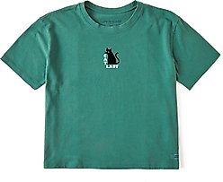 LIFE IS GOOD Women's Cat Lady Mini Short Sleeve Crusher Boxy Tee, Spruce Green, Large