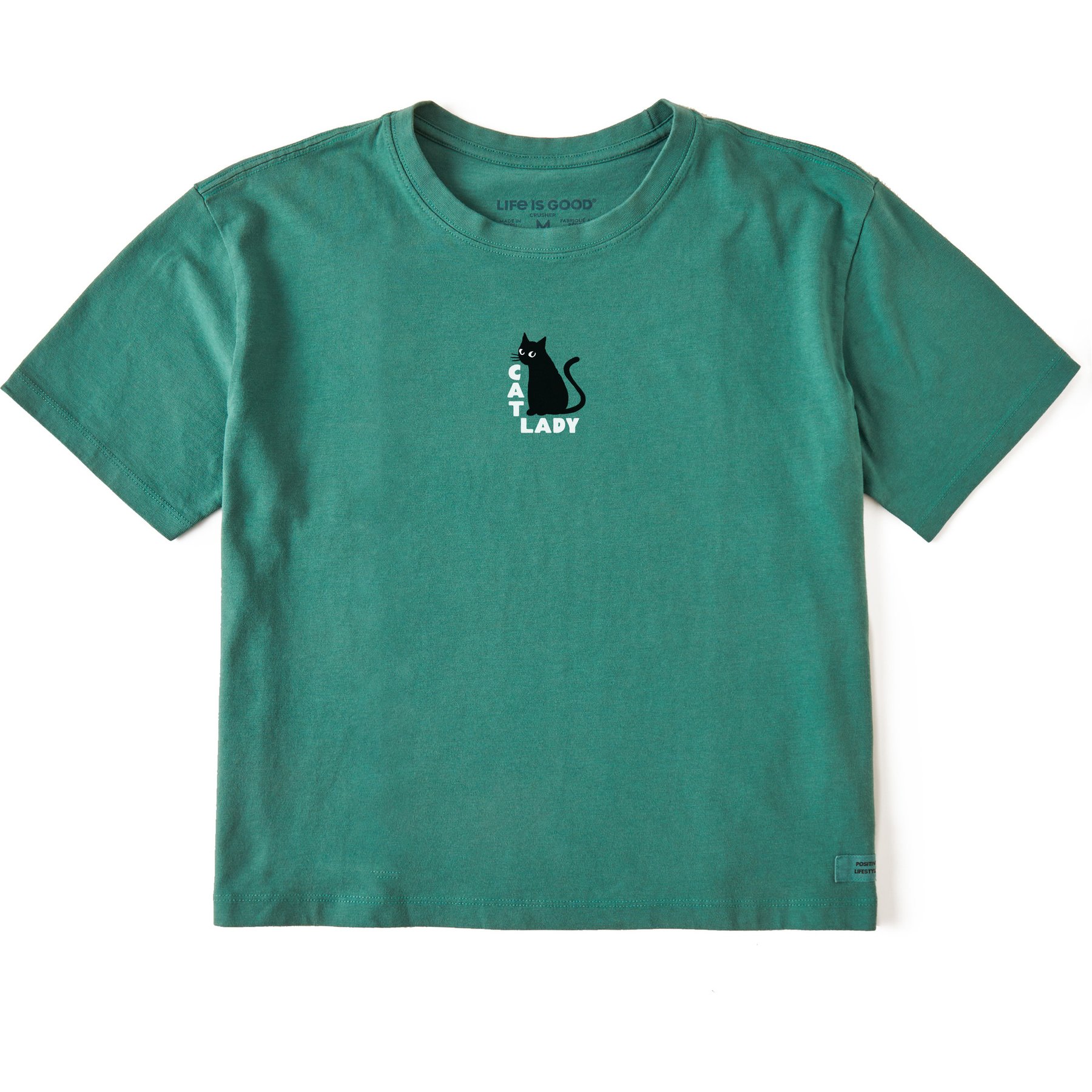 LIFE IS GOOD Women's Cat Lady Mini Short Sleeve Crusher Boxy Tee, Spruce Green, XX-Large