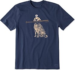 LIFE IS GOOD Men's Dog with Bat & Ball Short Sleeve Tee, Darkest Blue, Medium