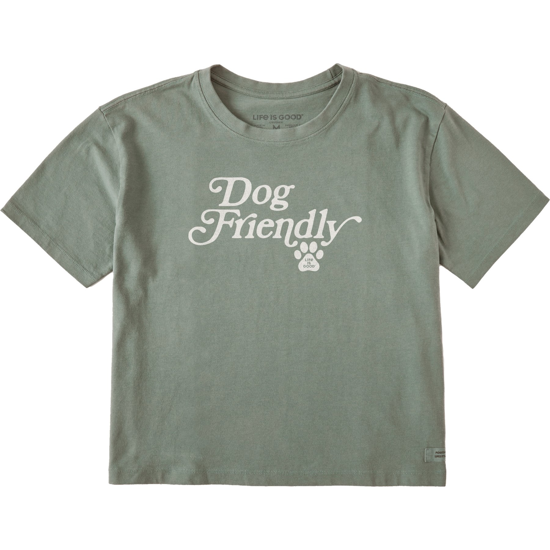 LIFE IS GOOD Women's Dog Friendly Short Sleeve Crusher Boxy Tee, Moss Green, Small