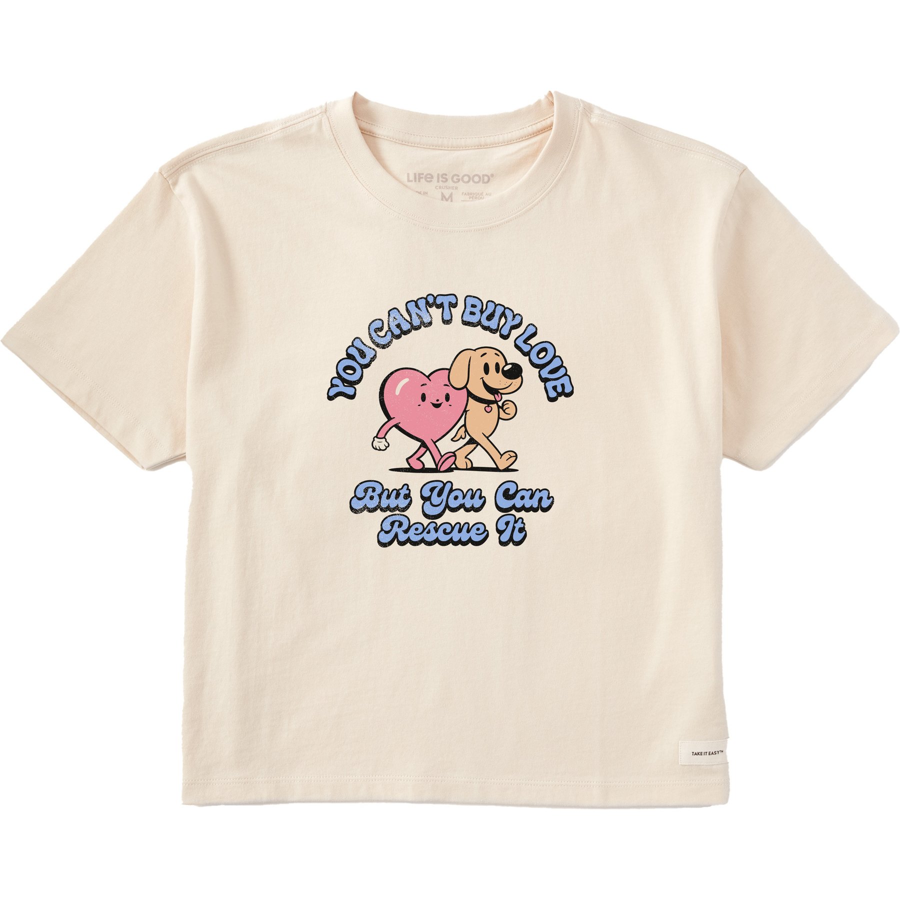 LIFE IS GOOD Valentine's Day Women's Rescue Love Mascots Short Sleeve Crusher Boxy Tee, Putty White, XX-Large