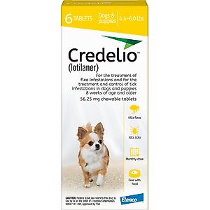 Credelio Chewable Tablet for Dogs, 4.4-6 lbs, (Yellow Box), 6 Chewable Tablets (6-mos. supply)