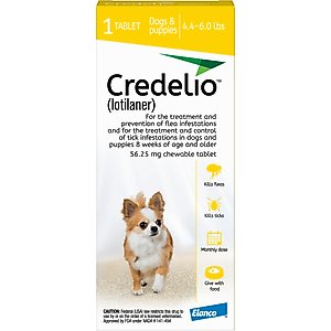 Credelio Chewable Tablet for Dogs, 4.4-6 lbs, (Yellow Box), 1 Chewable Tablet (1-mo. supply)