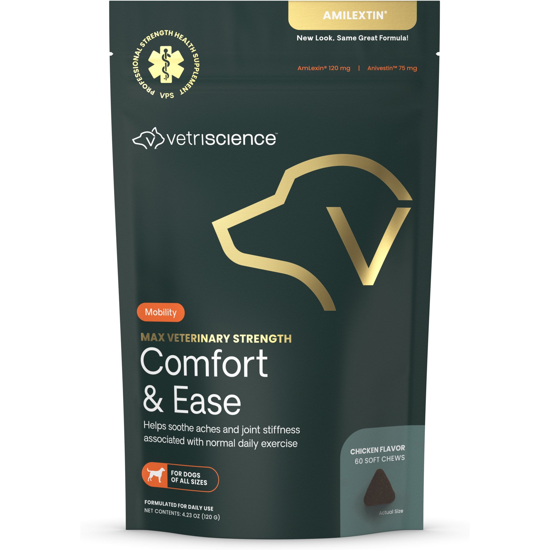 VetriScience Max Veterinary Strength Comfort & Ease Joint Support Chicken Liver Flavored Soft Chew Supplement with AmLexin for All Breed Dogs, 60 count