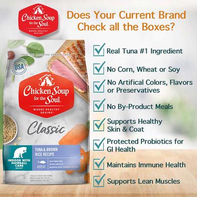 Show full view: Chicken Soup for the Soul Indoor with Hairball Care Tuna & Brown Rice Recipe Dry Cat Food, 12-lb bag slide 3 of 12