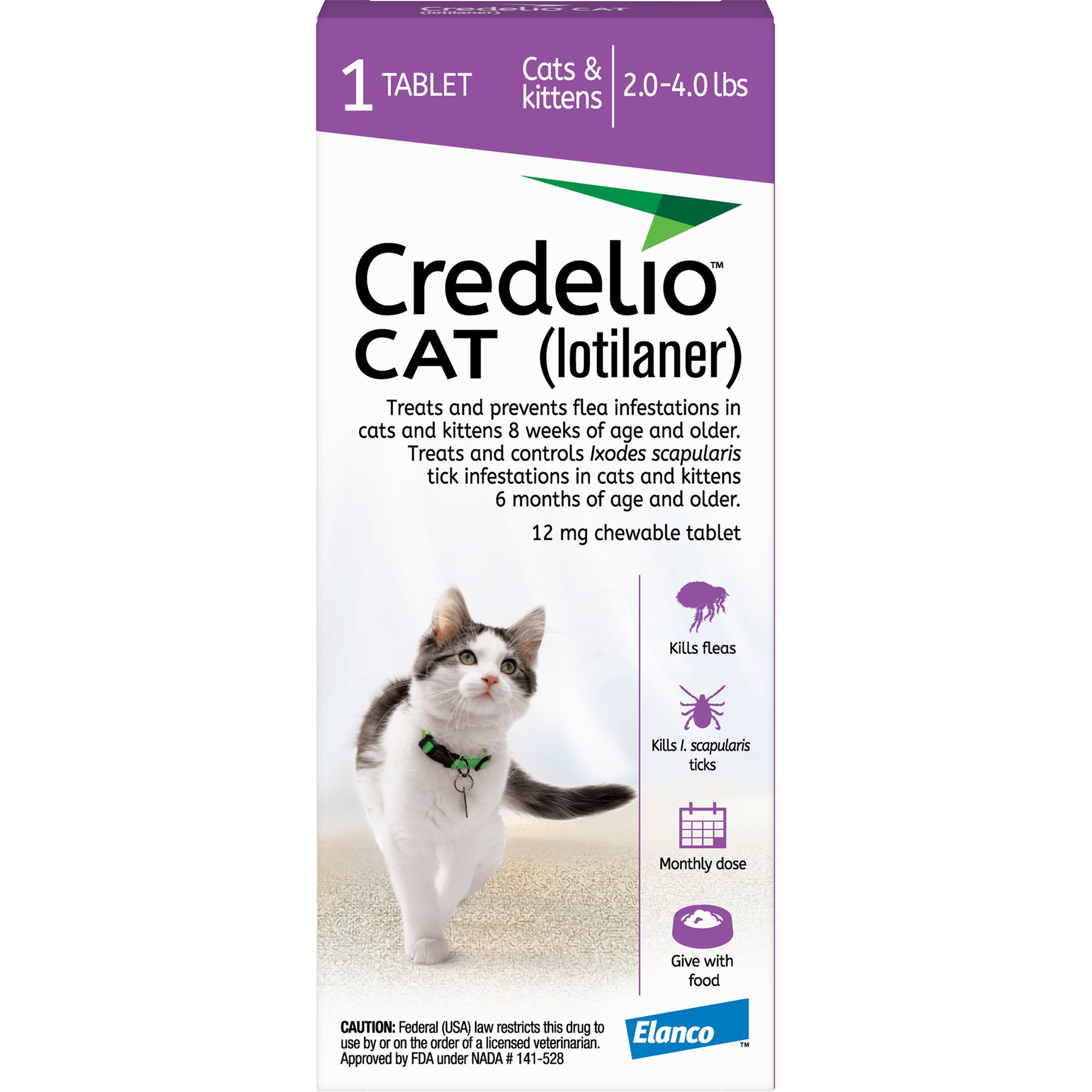 Credelio Chewable Tablets for Cats, 2-4 lbs, (Purple Box), 1 Chewable Tablet (1-mo. supply)