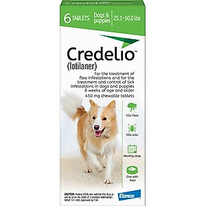 Credelio Chewable Tablet for Dogs, 25.1-50 lbs, (Green Box), 6 Chewable Tablets (6-mos. supply)