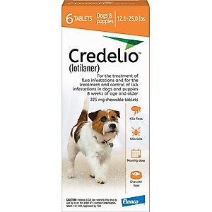 Credelio Chewable Tablet for Dogs, 12.1-25 lbs, (Orange Box), 6 Chewable Tablets (6-mos. supply)