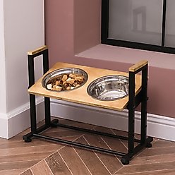 RYPetmia Waterproof Bamboo Tray Stainless Steel Elevated Dog & Cat Bowl with Stand, Beige, Medium