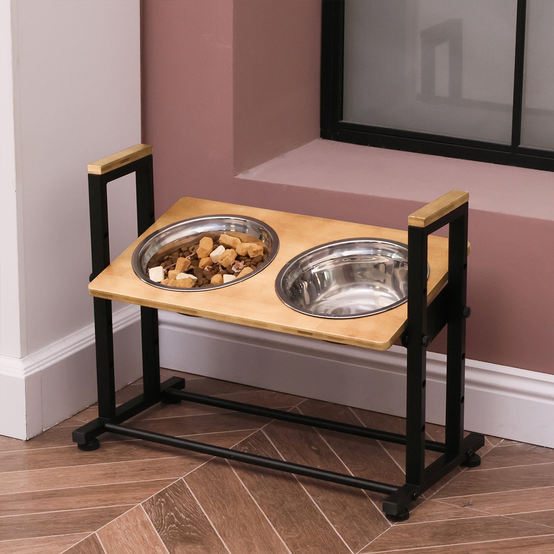 RYPetmia Waterproof Bamboo Tray Stainless Steel Elevated Dog & Cat Bowl with Stand, Beige, Medium