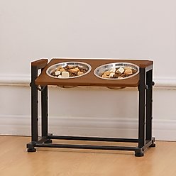 RYPetmia Waterproof Bamboo Tray Stainless Steel Elevated Dog & Cat Bowl with Stand, Brown, Small