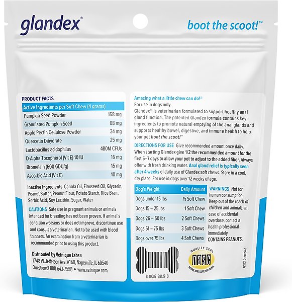 Vetnique Labs Glandex for Dogs Anal Gland Support Probiotics & Digestion Peanut Butter Flavored Pumpkin Fiber Soft Chew Boot the Scoot Supplement for Dogs