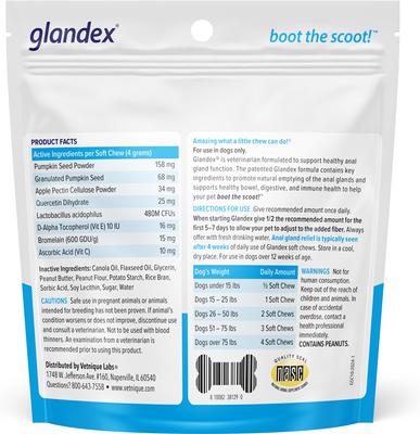 Show full view: Vetnique Labs Glandex Dog Anal Gland Support Soft Chews with Pumpkin, Digestive Enzymes, Probiotics & Fiber Supplement Boot The Scoot Peanut Butter Flavored, 10 count slide 3 of 12