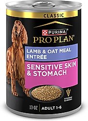 Purina Pro Plan Adult Sensitive Skin & Stomach Lamb & Oat Meal Entree​ Wet Dog Food, 13-oz can, case of 4