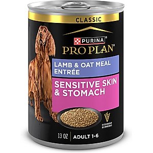 Purina Pro Plan Adult Sensitive Skin & Stomach Lamb & Oat Meal Entree​ Wet Dog Food, 13-oz can, case of 4