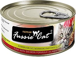 Fussie Cat Premium Tuna with Salmon Formula in Aspic Grain-Free Canned Cat Food, 2.82-oz can, case of 4