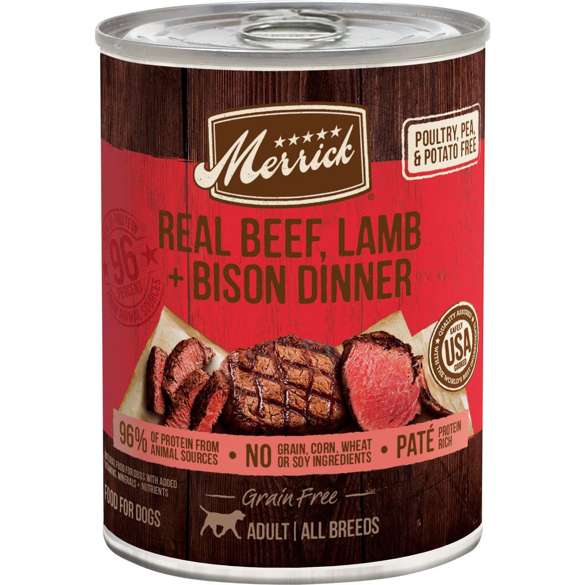 Merrick Adult Grain-Free Beef, Lamb & Bison Pate Canned Dog Food, 12.7-oz can, case of 4