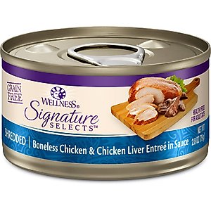 Wellness CORE Signature Selects Shredded Boneless Chicken & Chicken Liver Entree in Sauce Grain-Free Natural Canned Cat Food, 2.8-oz, case of 4