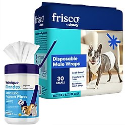 Vetnique Labs Glandex Wipes Hygienic Rear End Wipes, 75 count + Frisco Disposable Male Dog Wraps, Small, 30 count