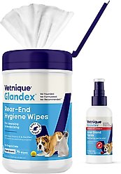 Vetnique Labs Glandex Wipes Hygienic Rear End Wipes, 75 count + Glandex Anal Gland Medicated Anti Itch Spray for Dogs & Cats, 4-oz bottle