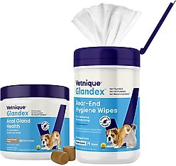 Vetnique Labs Glandex Pet Wipes Cleansing & Deodorizing Anal Gland Hygienic Dog & Cat Wipes & Vetnique Labs Glandex Anal Gland Support with Pumpkin, Probiotics & Fiber Peanut Butter Soft Chews Dog Supplement