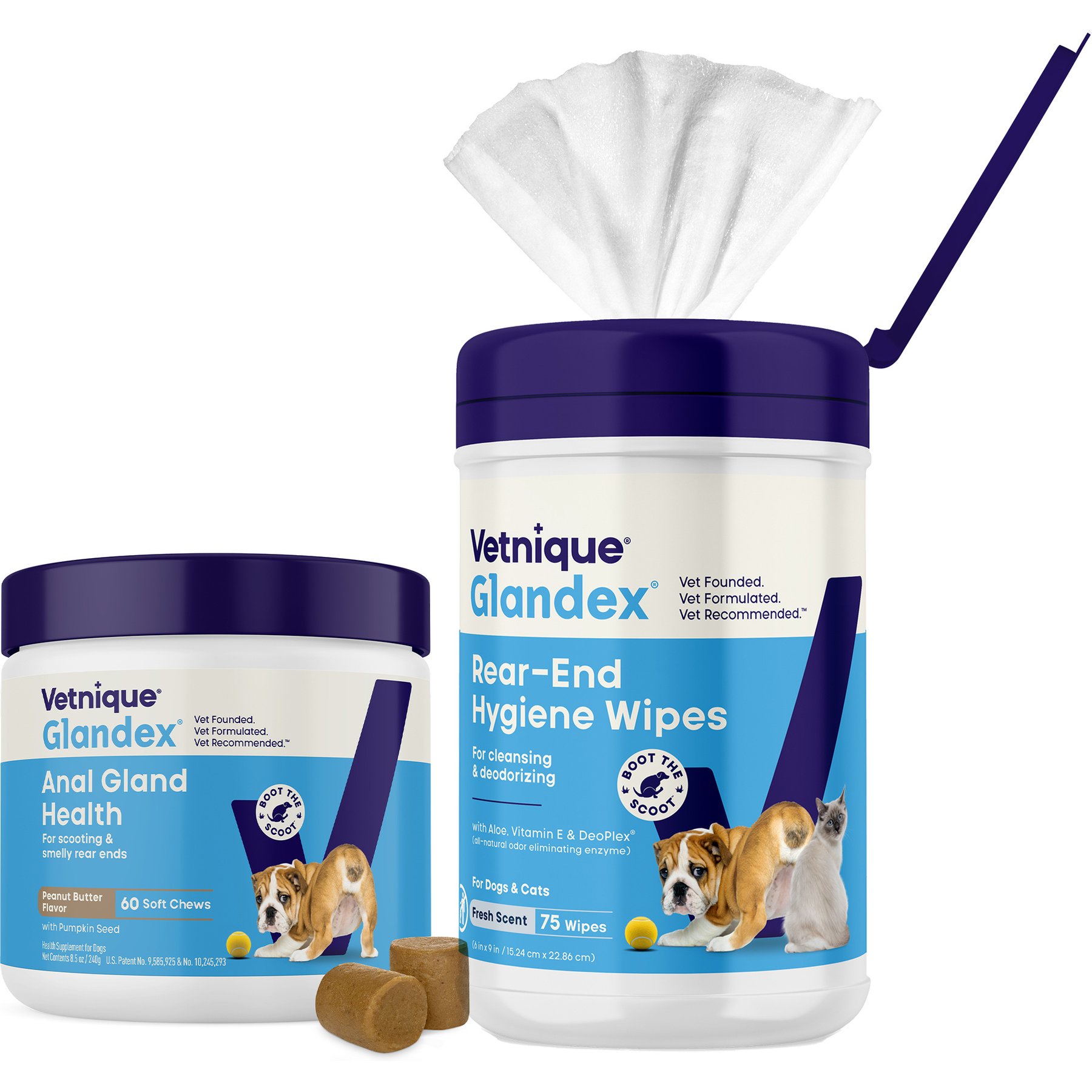 Vetnique Labs Glandex Pet Wipes Cleansing & Deodorizing Anal Gland Hygienic Dog & Cat Wipes & Vetnique Labs Glandex Anal Gland Support with Pumpkin, Probiotics & Fiber Peanut Butter Soft Chews Dog Supplement
