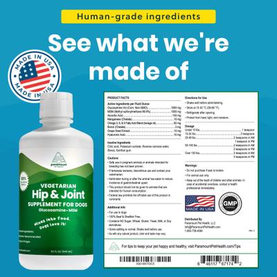 Show full view: Paramount Pet Health Vegetarian Hip & Joint Supplement for Dogs, 32-fl oz bottle slide 3 of 10