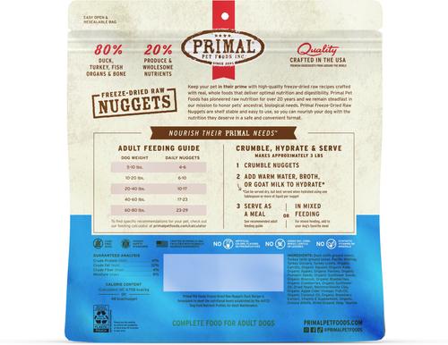 Show full view: Primal Duck with Turkey & Fish Formula Nuggets Grain-Free Raw Freeze-Dried Dog Food, 14-oz bag slide 3 of 4
