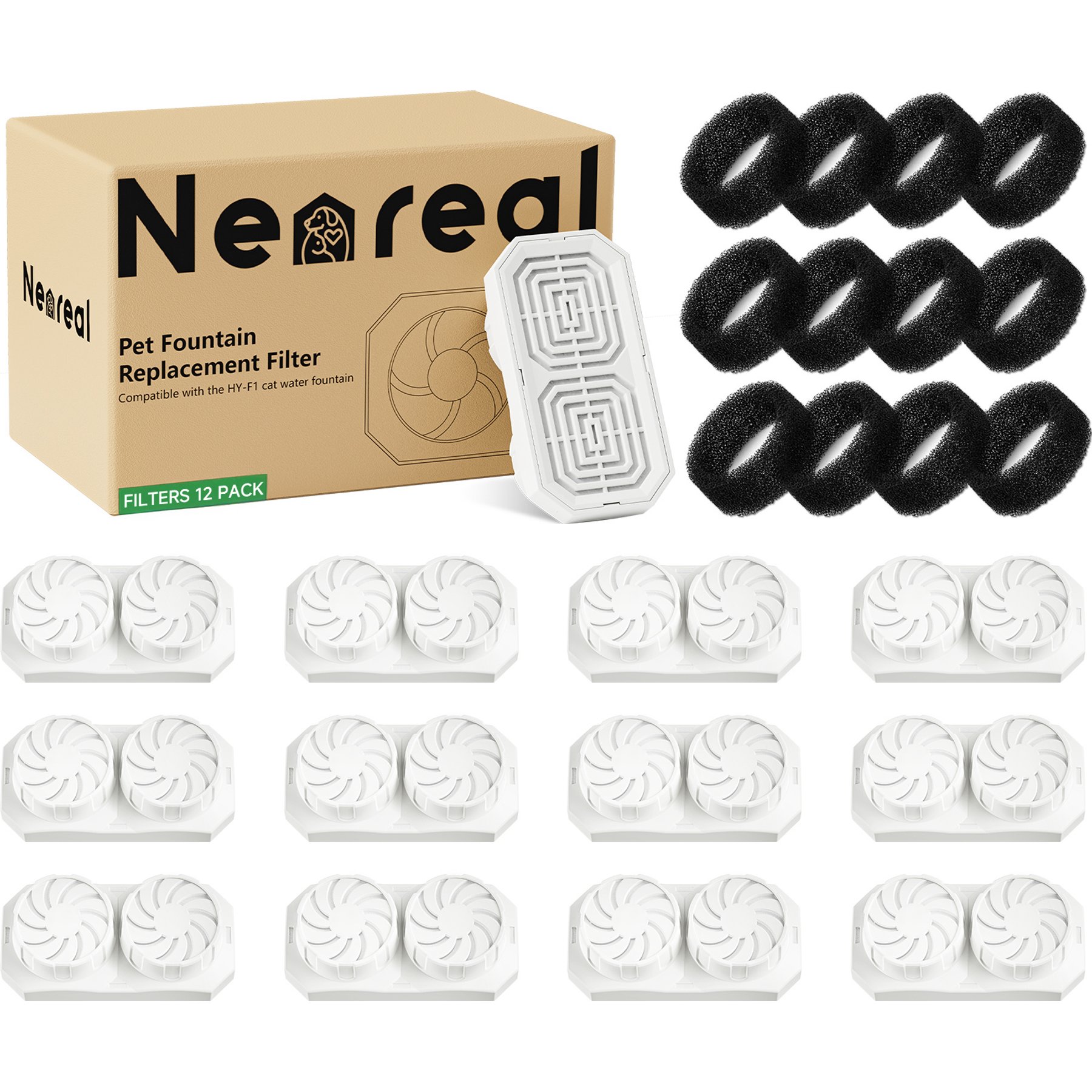 Neareal VB-01 Stainless Steel Cat Water Fountain Replacement Filters & Pre-Filter Sponges, 12 count