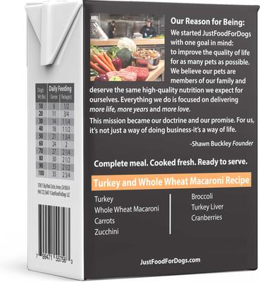 Show full view: JustFoodForDogs Pantry Fresh Turkey & Whole Wheat Macaroni Fresh Dog Food, 12.5-oz pouch, case of 12 slide 10 of 12