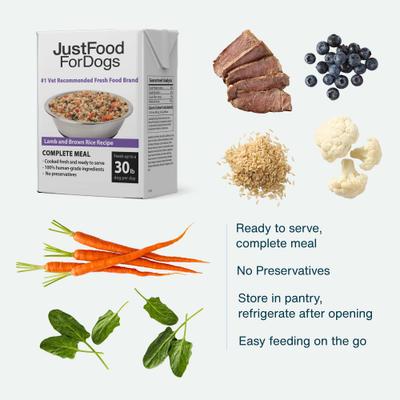 Show full view: JustFoodForDogs Pantry Fresh Lamb & Brown Rice Fresh Dog Food, 12.5-oz pouch, case of 12 slide 3 of 12