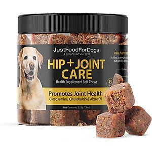 JustFoodForDogs Hip & Joint Mobility with Glucosamine & Chondriotin, Superfood Blend, Human Grade, Plant-based Soft Chews Supplement for Dogs, 45 count