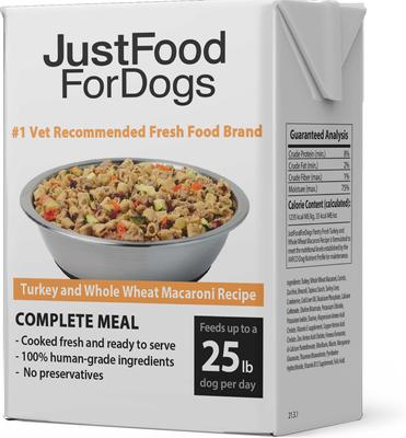 Show full view: JustFoodForDogs Pantry Fresh Turkey & Whole Wheat Macaroni Fresh Dog Food, 12.5-oz pouch, case of 12 slide 9 of 12