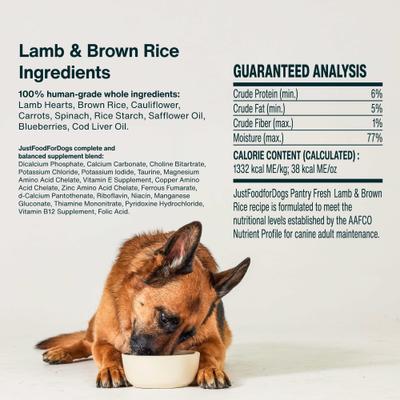 Show full view: JustFoodForDogs Pantry Fresh Lamb & Brown Rice Fresh Dog Food, 12.5-oz pouch, case of 12 slide 7 of 12