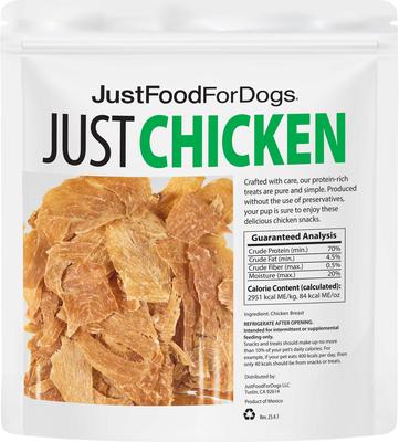 Show full view: JustFoodForDogs Chicken Breast Dehydrated Dog Treats, 5-oz bag slide 8 of 10