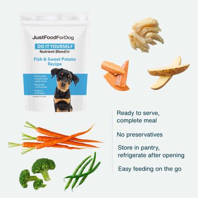 Show full view: JustFoodForDogs DoItYourself Fish & Sweet Potato Recipe Fresh Dog Food Recipe & Nutrient Blend, 5.92-oz bag slide 3 of 12