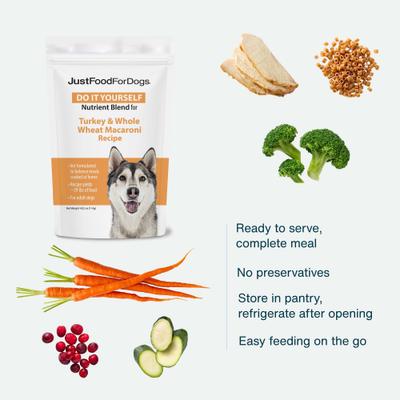 Show full view: JustFoodForDogs DoItYourself Turkey & Whole Wheat Macaroni Recipe Fresh Dog Food Recipe & Nutrient Blend, 4-oz bag slide 3 of 12