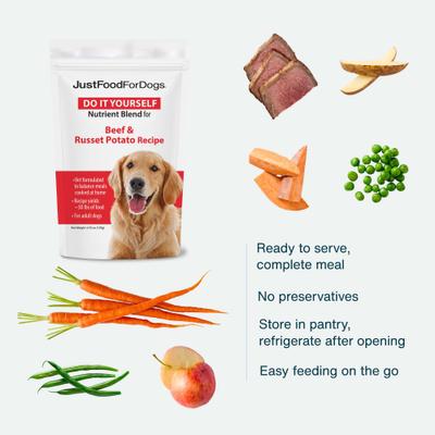 Show full view: JustFoodForDogs DoItYourself Beef & Russet Potato Recipe Fresh Dog Food Recipe & Nutrient Blend, 4.55-oz bag slide 3 of 12