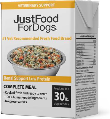 Show full view: JustFoodForDogs Veterinary Diet PantryFresh Renal Support Low Protein Shelf-Stable Fresh Dog Food, 12.5-oz pouch, case of 12 slide 9 of 12