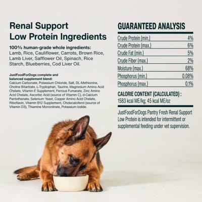 Show full view: JustFoodForDogs Veterinary Diet PantryFresh Renal Support Low Protein Shelf-Stable Fresh Dog Food, 12.5-oz pouch, case of 12 slide 7 of 12