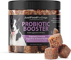 JustFoodForDogs Probiotic Booster Gut, Digestive Health Support, Diarrhea, Human Grade Ingredients Soft Chews Supplement for Dogs, 45 count