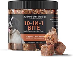 JustFoodForDogs 10-in-1 Multifunctional, Superfood Blend, Glucosamine, Omega-3 Fatty Acids, Skin Health, Joint Health, Probiotics, Plant-Based, Human Grade Chew Supplement for Dogs, 45 count