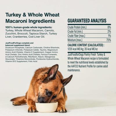 Show full view: JustFoodForDogs Pantry Fresh Turkey & Whole Wheat Macaroni Fresh Dog Food, 12.5-oz pouch, case of 12 slide 7 of 12