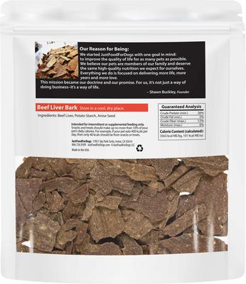 Show full view: JustFoodForDogs Beef Liver Bark Dog Treats, 5-oz bag slide 8 of 8