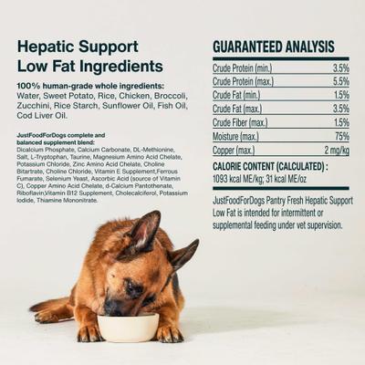 Show full view: JustFoodForDogs Veterinary Diet PantryFresh Hepatic Support Low Fat Shelf-Stable Fresh Dog Food, 12.5-oz pouch, case of 12 slide 7 of 12