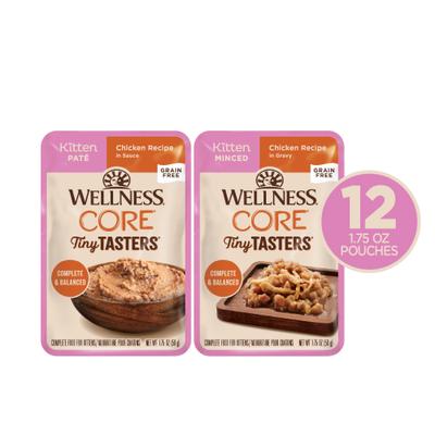 Show full view: Wellness CORE Tiny Tasters Kitten Chicken Grain-Free Variety Pack Wet Cat Food, 1.75-oz pouch, case of 12 slide 3 of 11