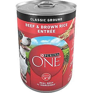 Purina ONE SmartBlend Classic Ground Beef & Brown Rice Entree Adult Canned Dog Food, 13-oz can, case of 12
